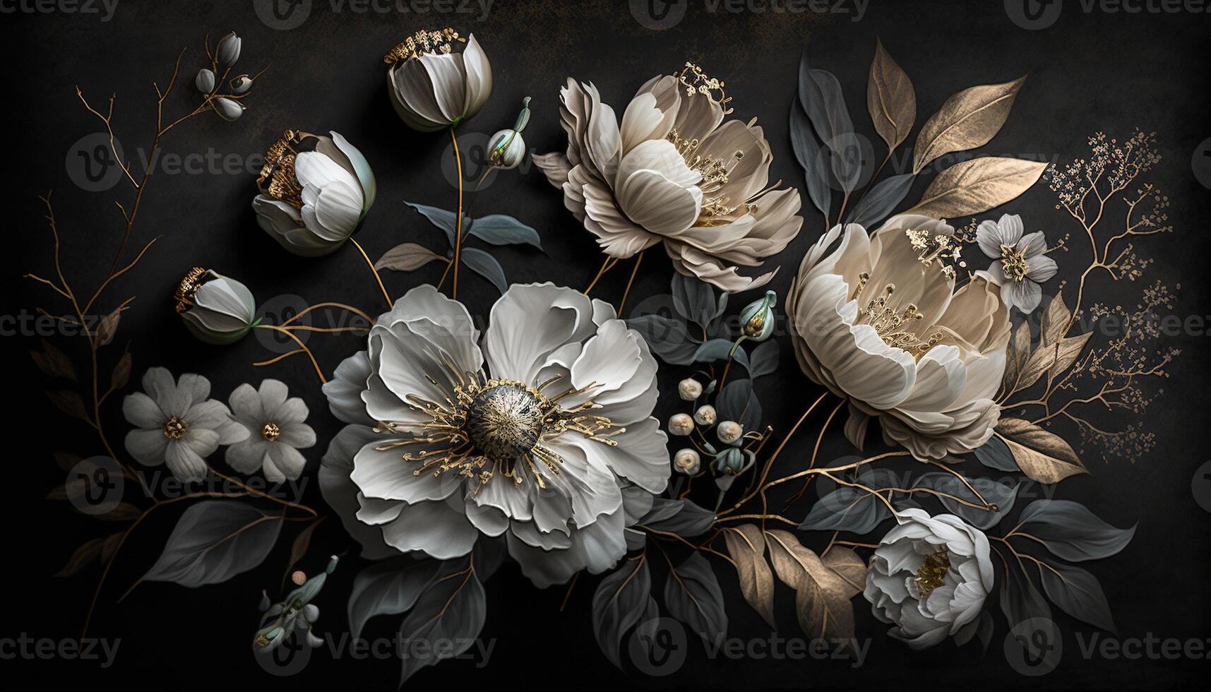 , Close up of blooming flowerbeds of amazing white and golden flowers on dark moody floral textured background. Photorealistic effect. photo