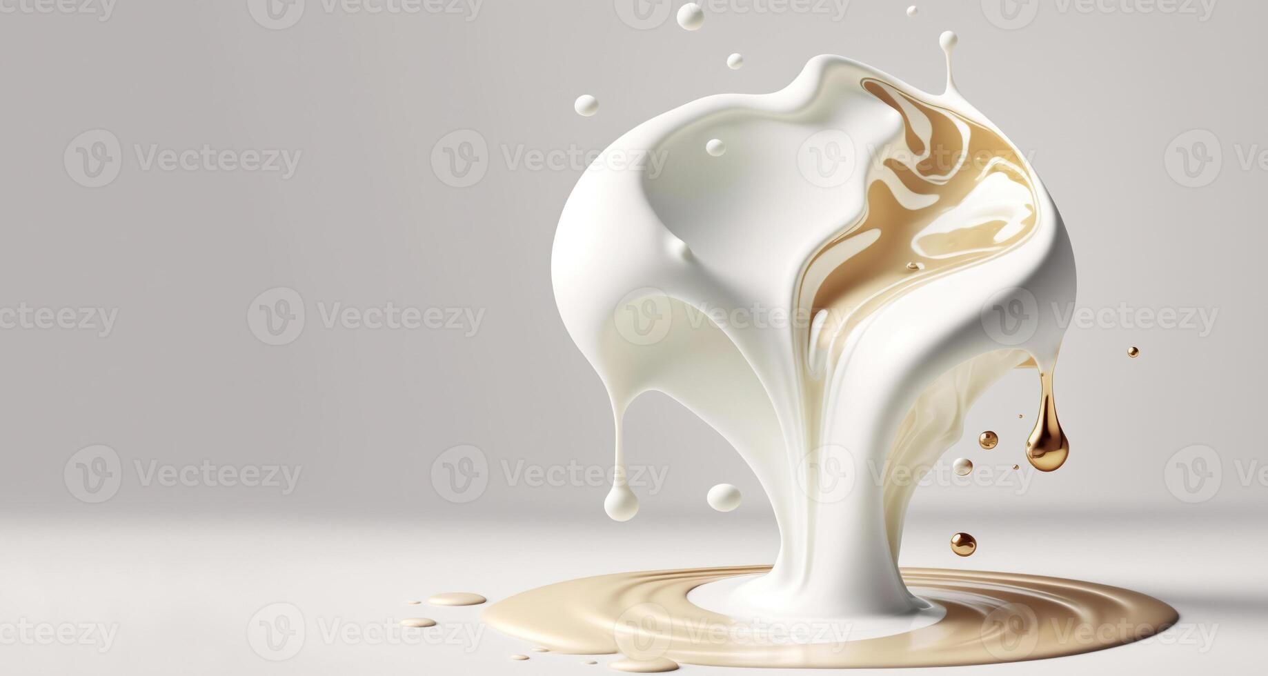 , Flowing liquid with splashes in white color. Glossy cream milk fluid banner, 3D effect, modern macro photorealistic abstract background illustration. photo