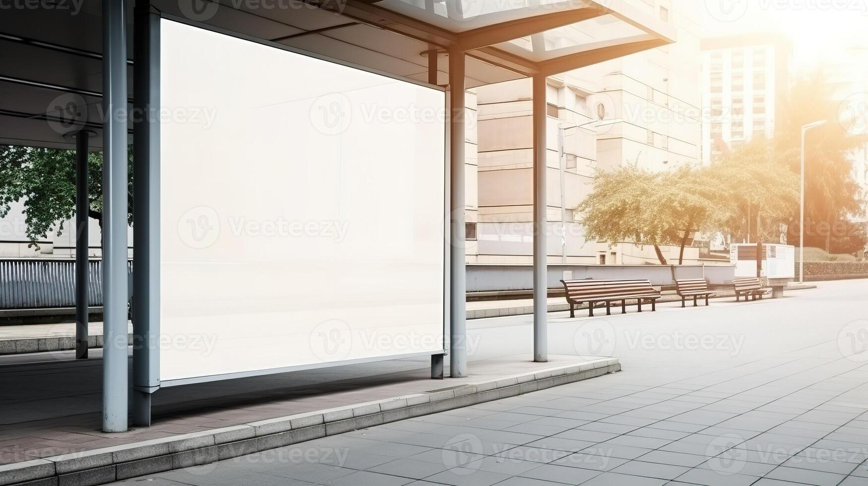 generativo ai, realista calle grande cartelera burlarse de arriba blanco para presentación publicidad. al aire libre firmar blanco en el futurista ciudad, negocio concepto foto