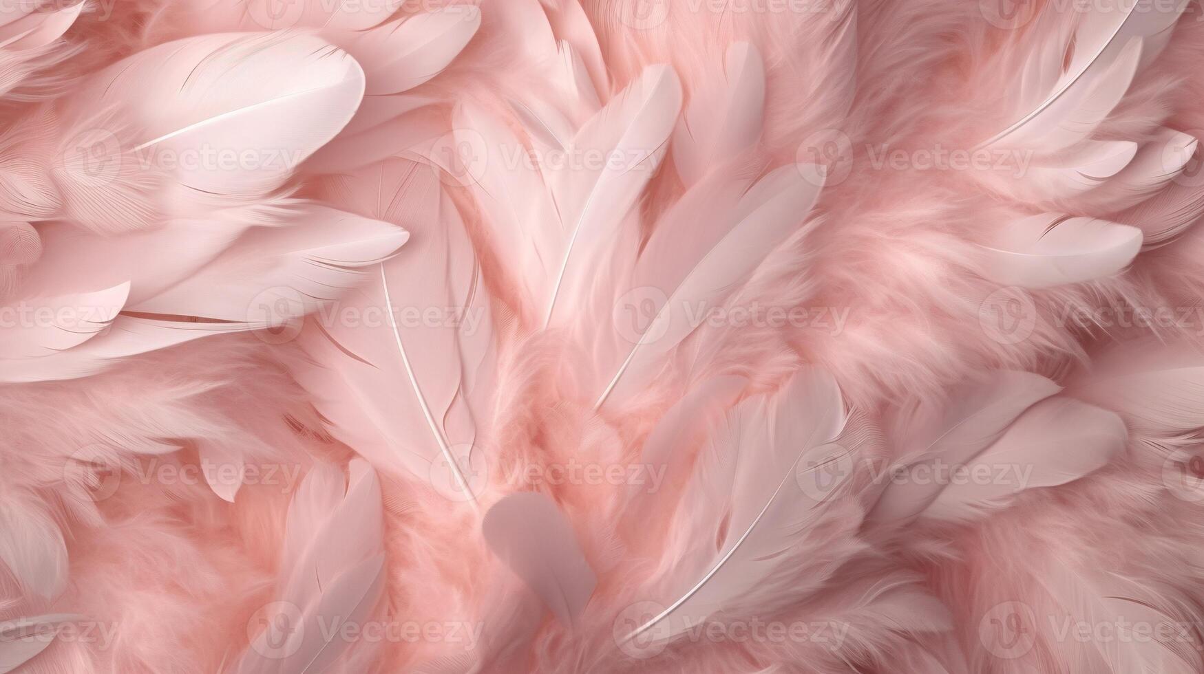 , Beautiful light pink closeup feathers, photorealistic background. Small fluffy pink feathers randomly scattered forming photo