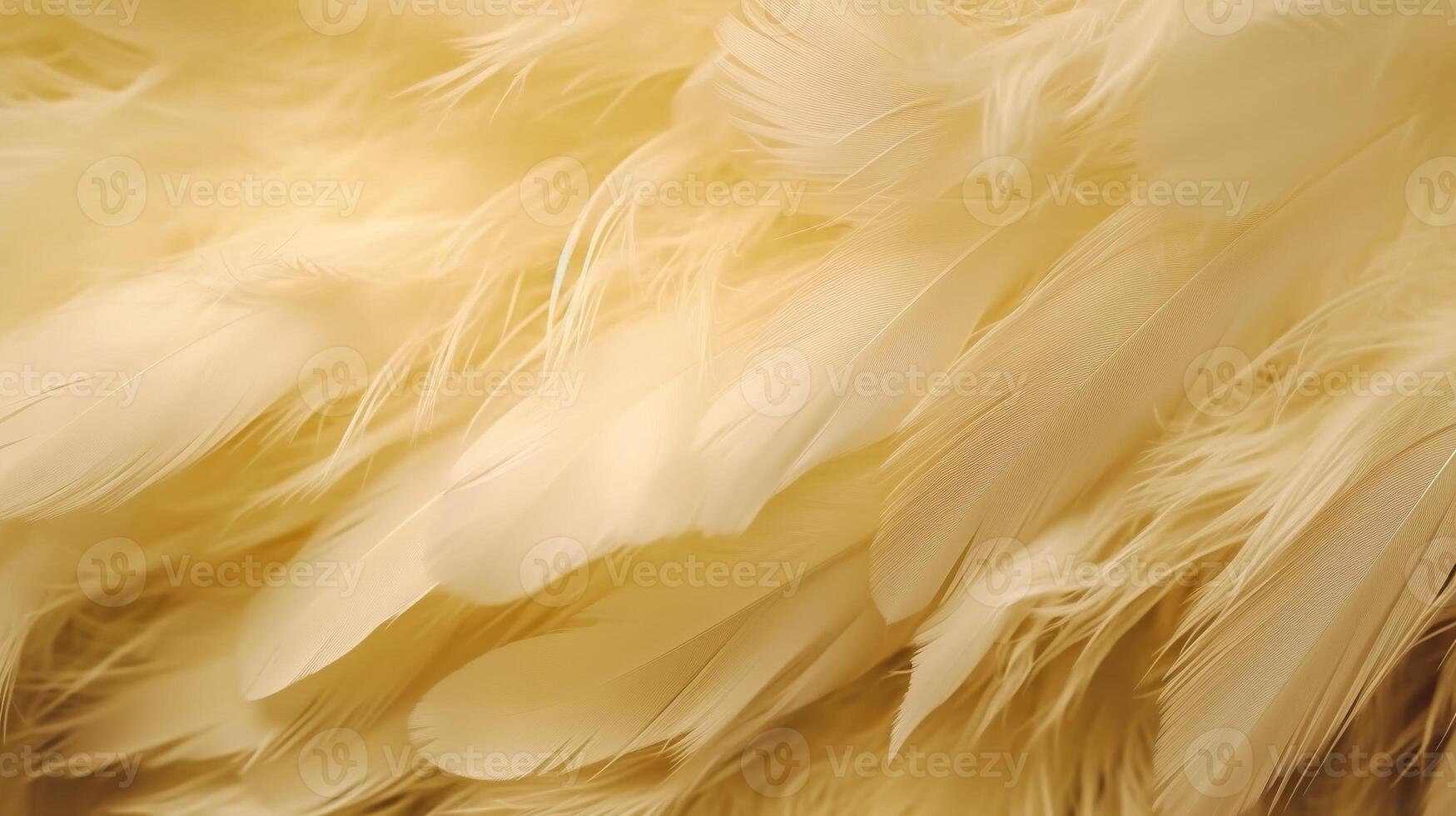 , Beautiful light yellow closeup feathers, photorealistic background. Small fluffy yellow feathers randomly scattered forming photo