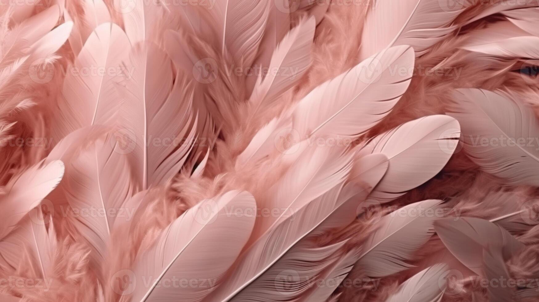, Beautiful light pink closeup feathers, photorealistic background. Small fluffy pink feathers randomly scattered forming photo
