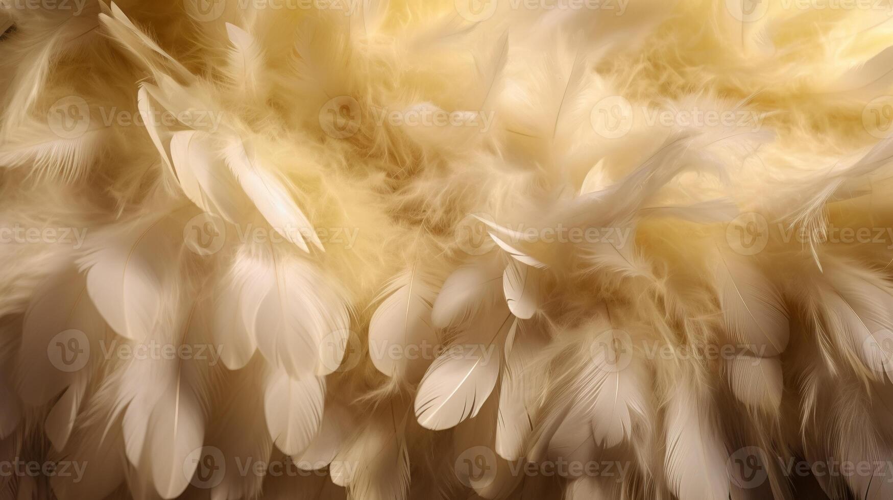 , Beautiful light yellow closeup feathers, photorealistic background. Small fluffy yellow feathers randomly scattered forming photo