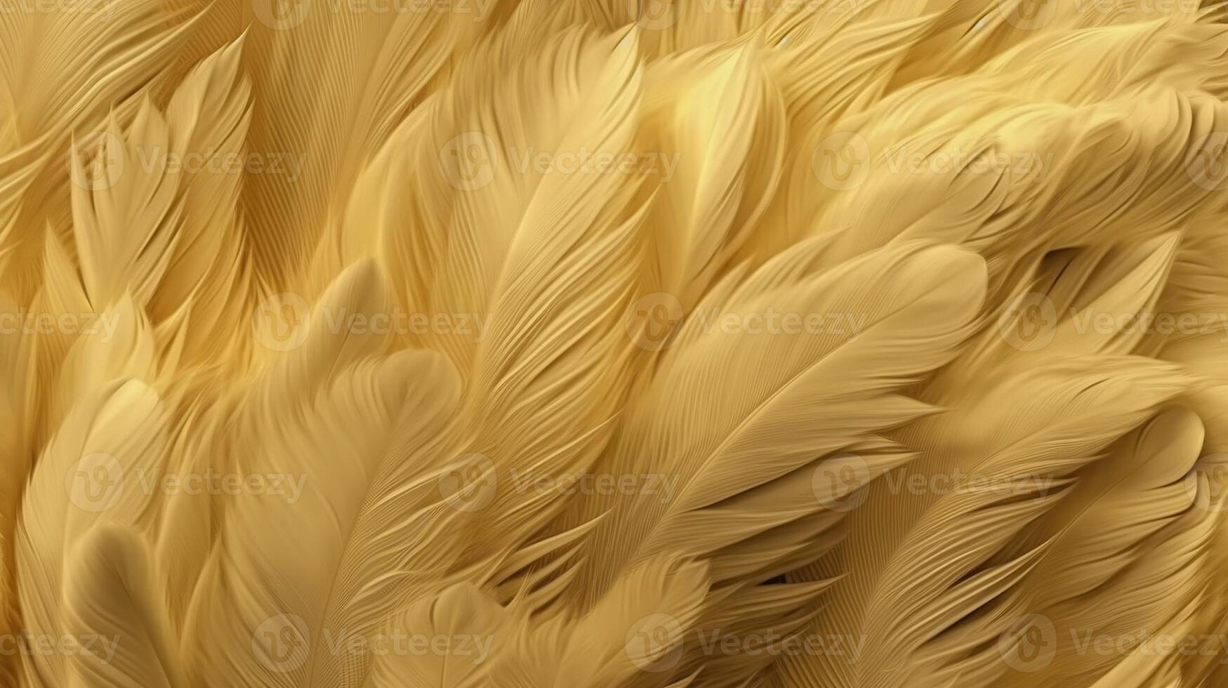, Beautiful light yellow closeup feathers, photorealistic background. Small fluffy yellow feathers randomly scattered forming photo
