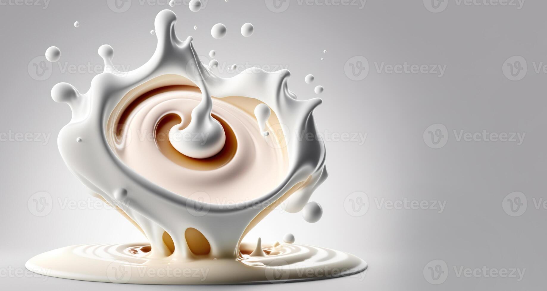 , Flowing liquid with splashes in white color. Glossy cream milk fluid banner, 3D effect, modern macro photorealistic abstract background illustration. photo