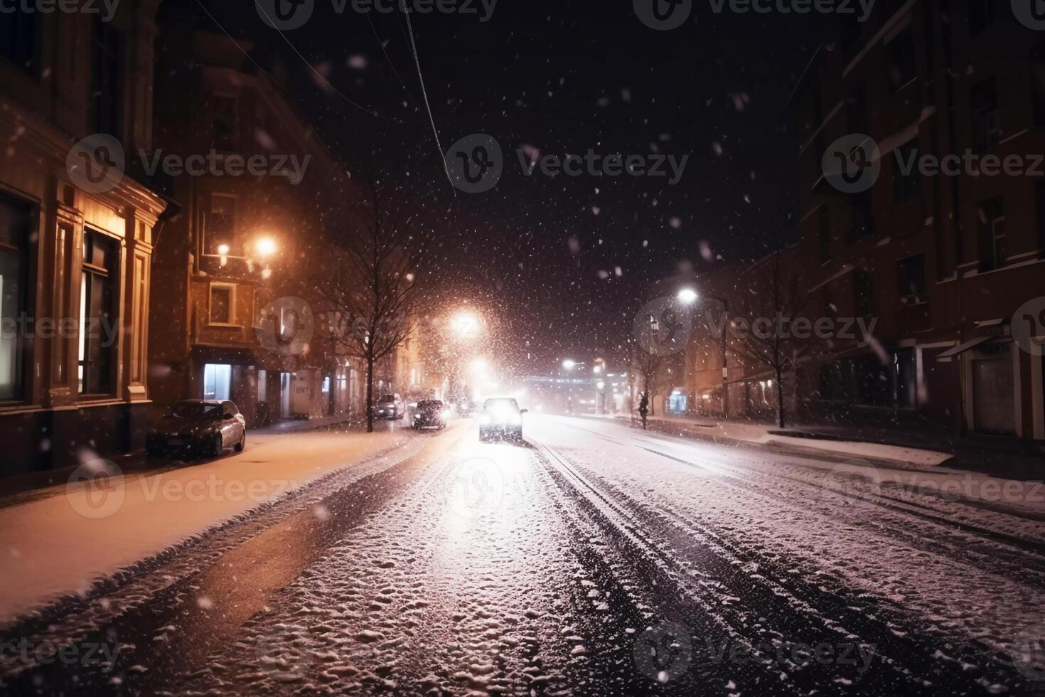 Nevado calle. fango y nieve en el ciudad. ai generado foto