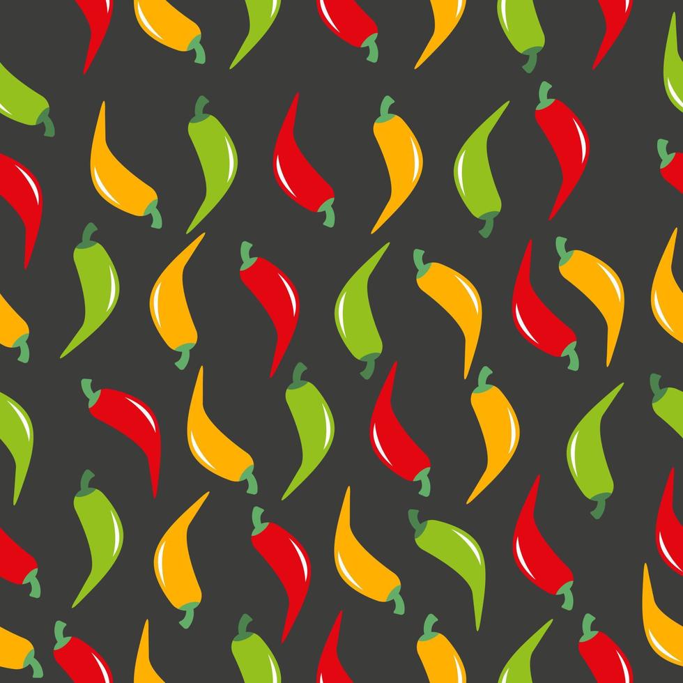 Seamless pattern with red, yellow and green chilli peppers on black background. Vector illustration