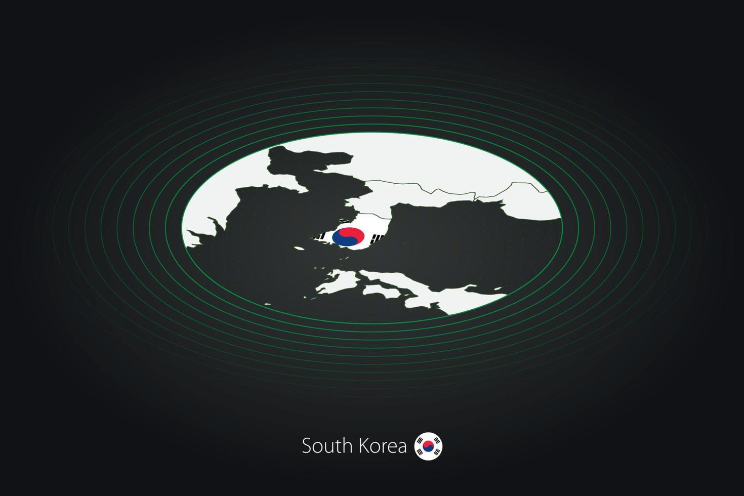 South Korea map in dark color, oval map with neighboring countries. vector