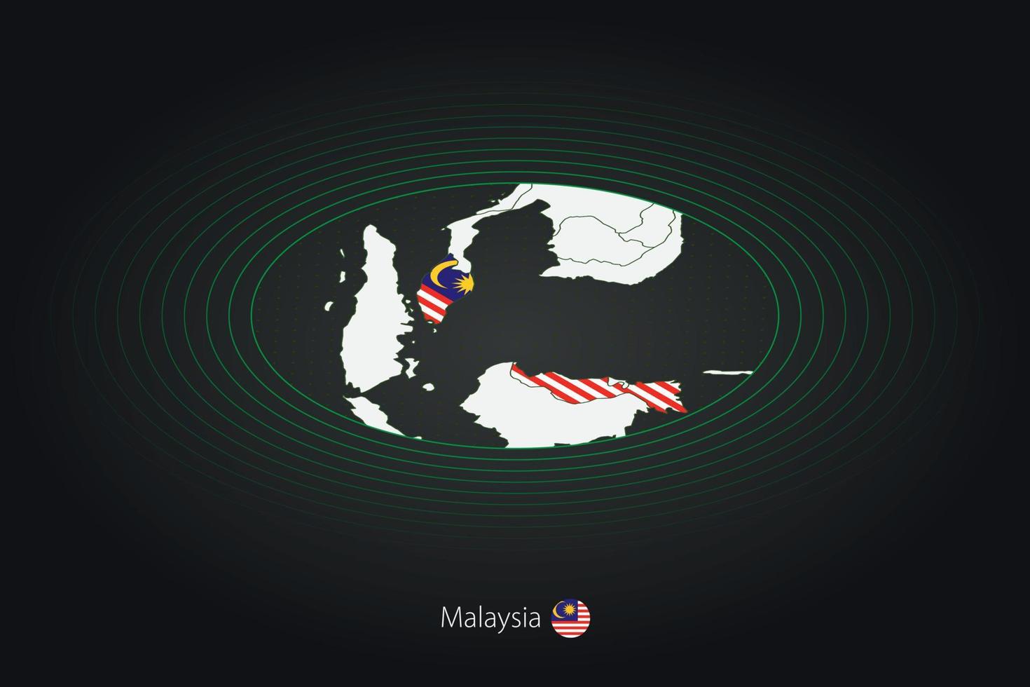 Malasia mapa en oscuro color, oval mapa con vecino países. vector