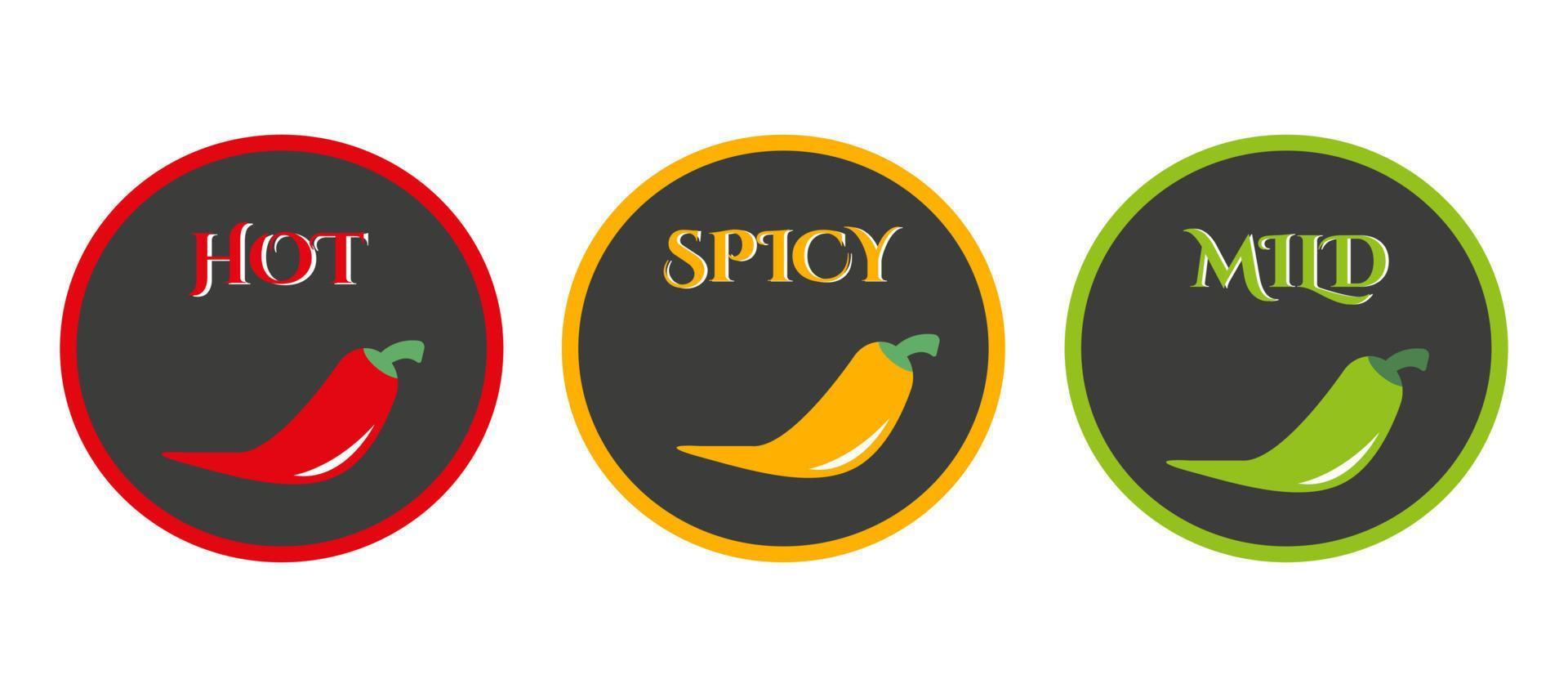 Labels of the level of hot pepper in food. Hot, spicy and mild icon with red, yellow and green chilli peppers. Vector illustration