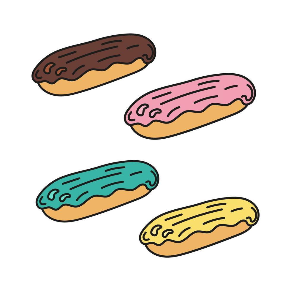 Set eclairs with different icing isolated. Doodle Vector illustration. Concept sweets shop, cafe.