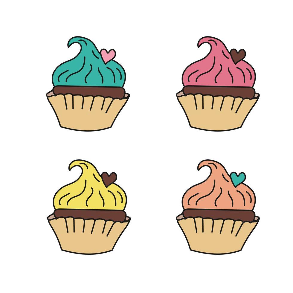 Cupcake with cream multi colored options. Vector illustration doodle style. Cake in paper baking.