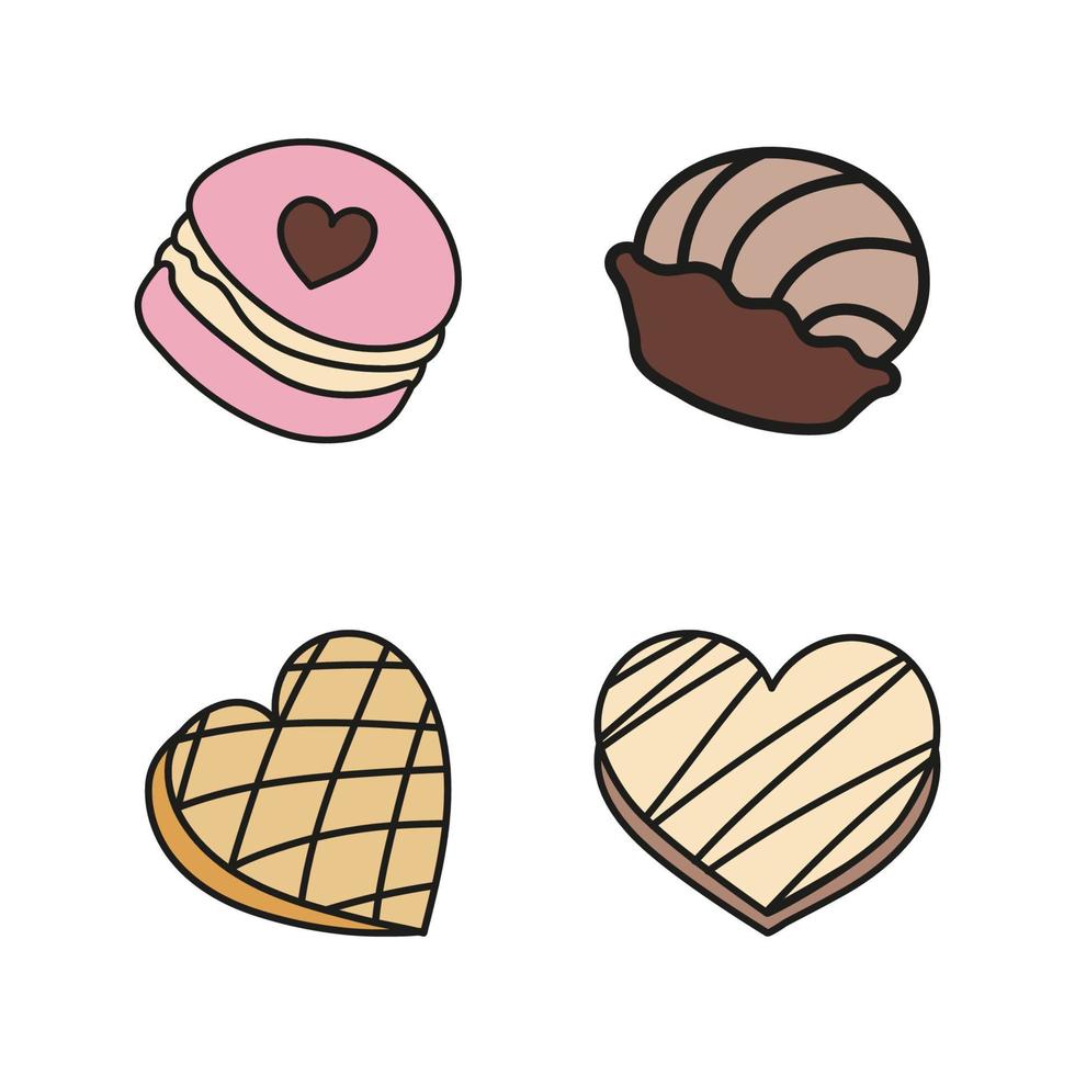 Set sweets candies with heart. Vector illustration doodle style. Macaroon, cake, chocolate candy.