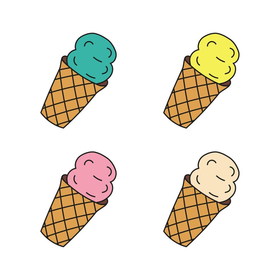 Ice cream in waffle multi colored options. Vector illustration doodle style. Refreshing frozen ice.