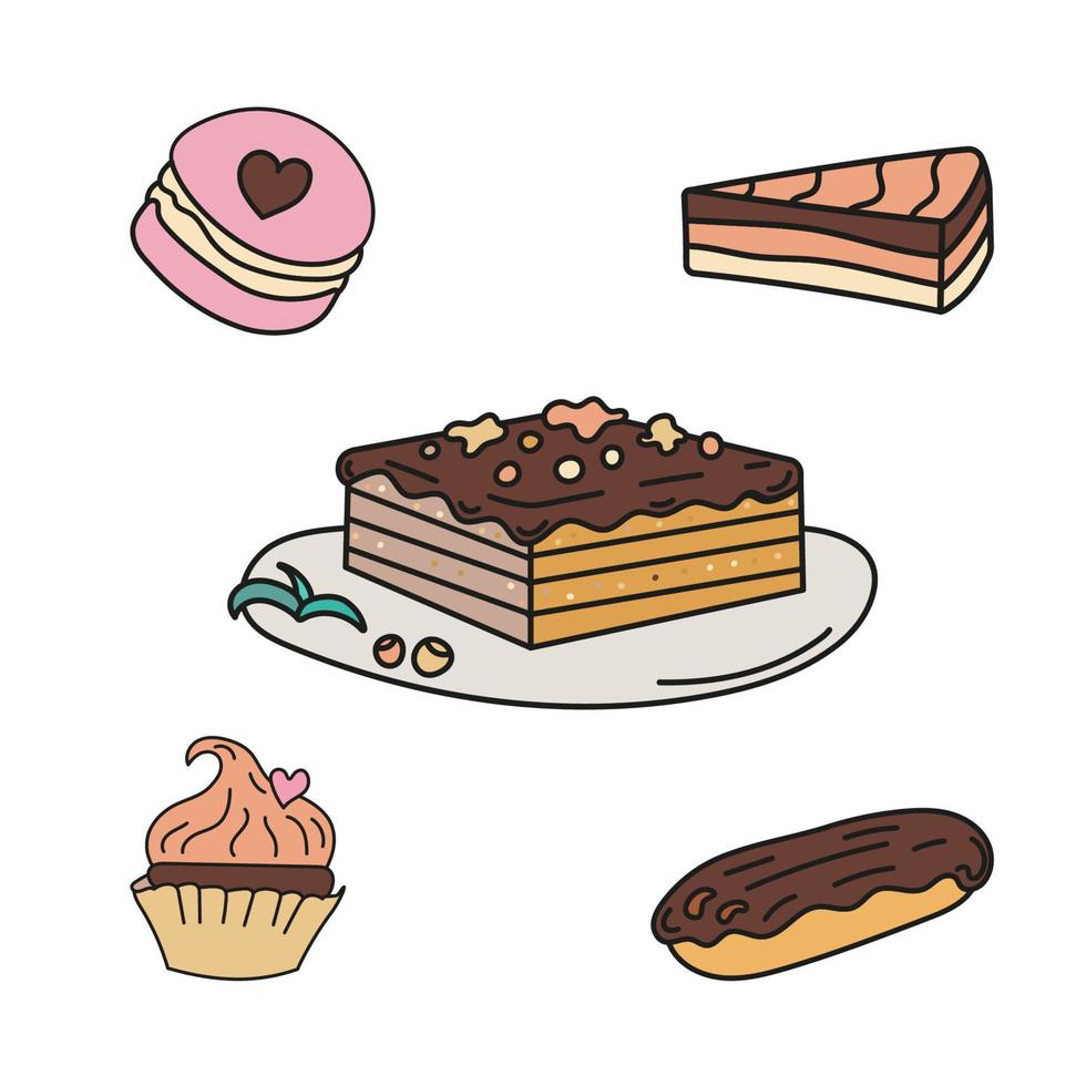 Cake, macaron, cupcake, eclair with cream, chocolate. Doodle Vector illustration. Sweets concept.