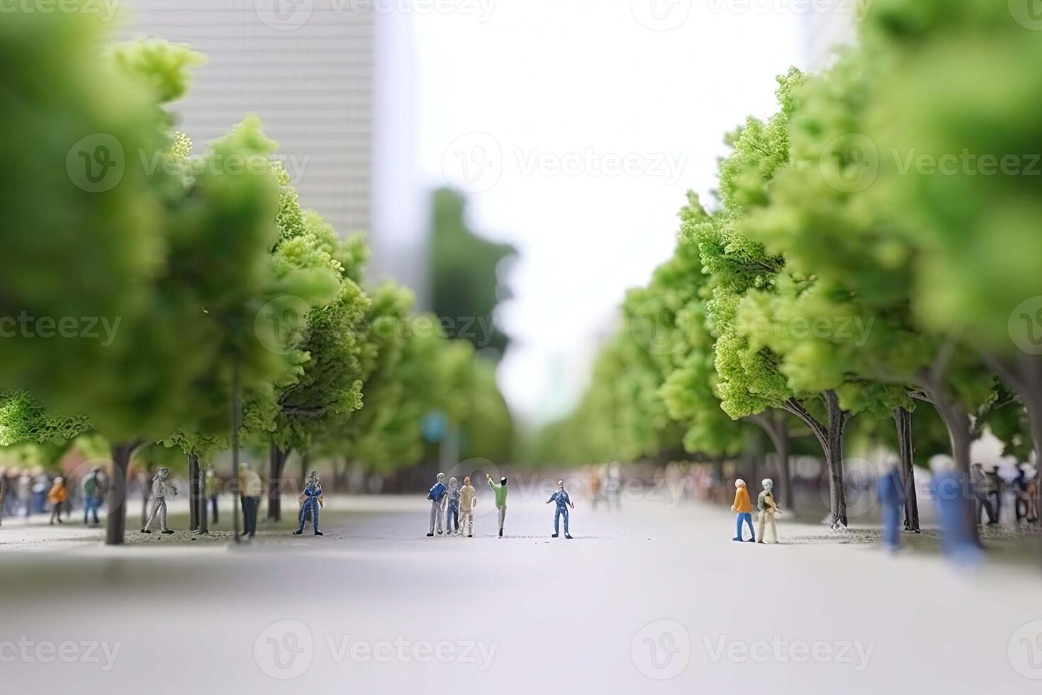 People walking at park with green trees in city. Model of city street in miniature, tilt shift. Created with photo