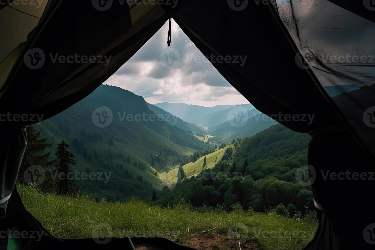 Amazing view from inside tent to mountain landscape. Camping during hike in mountains, outdoor activities. Created with photo