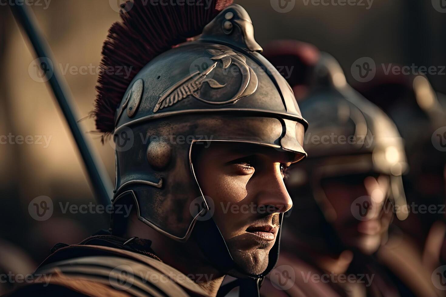 Portrait of roman soldier. Ancient warrior in battle. Created with photo