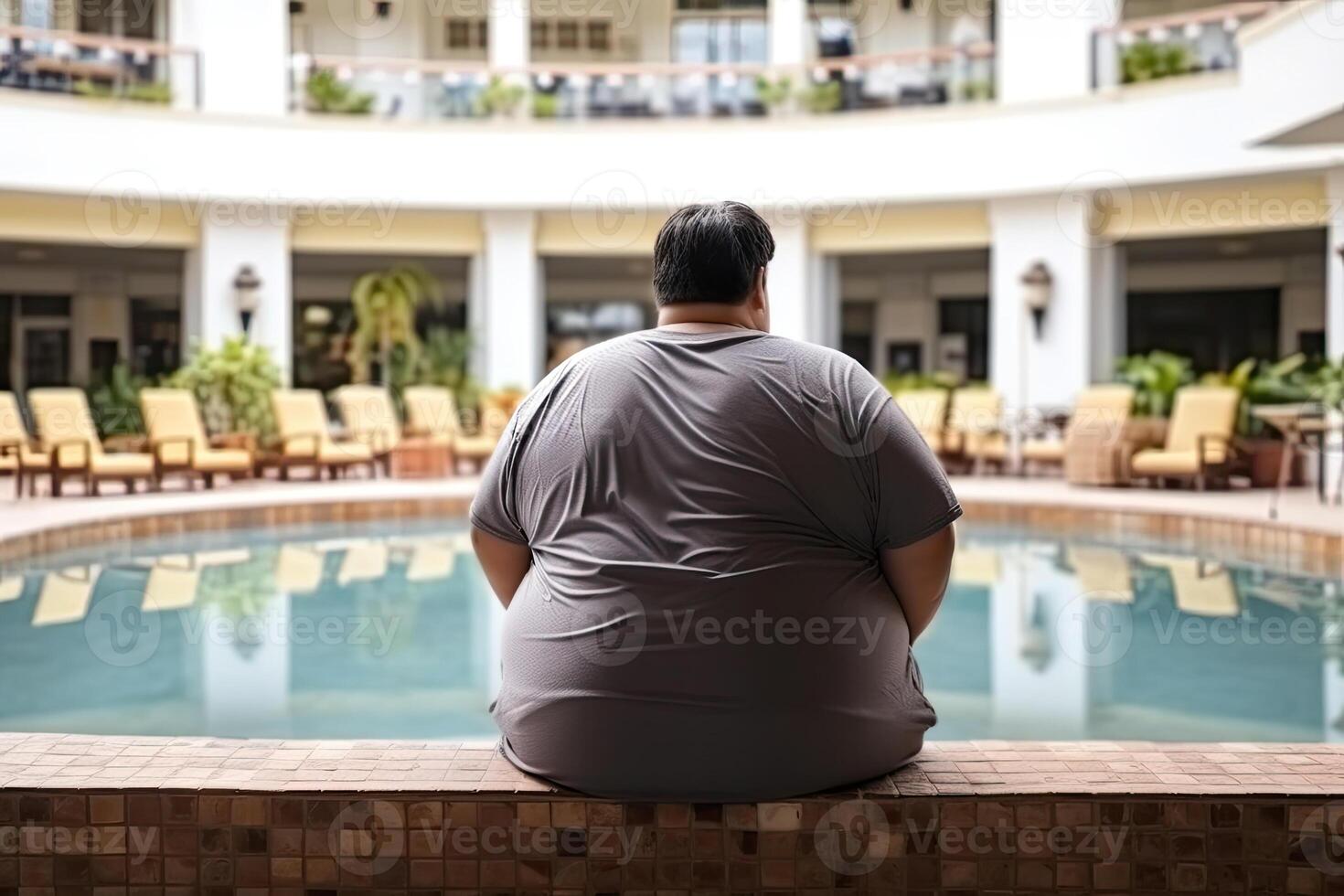 Fat man at summer vacations near swimming pool. Obesity problem. photo