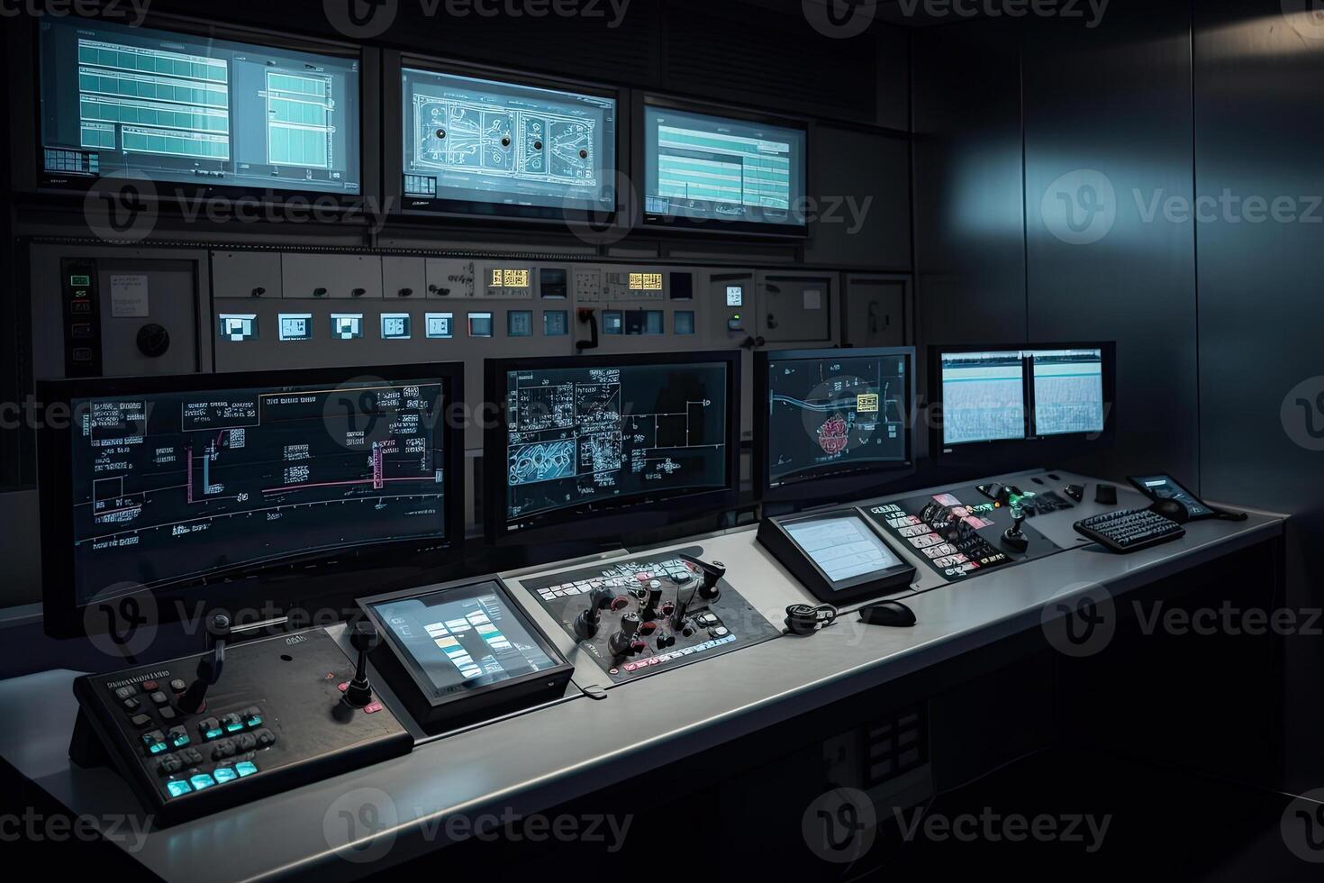 Central control panel. Operator workplace with a lot of screens and buttons for monitoring technology process at production line. Created with photo