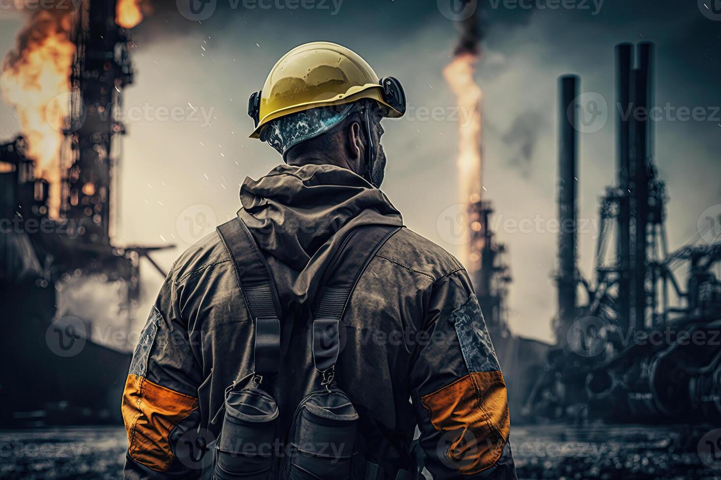 Back view of industrial worker wearing protective uniform and safety helmet standing near heavy industry factory. Created with photo