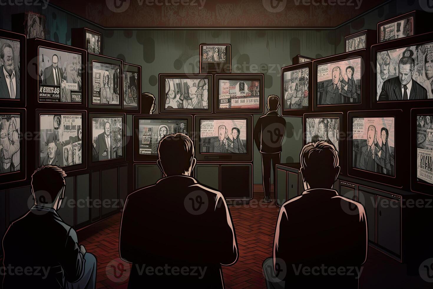 People watching a lot of retro televisions. Propaganda and fake news concept. Politicians manipulate society with help of public television. Created with photo