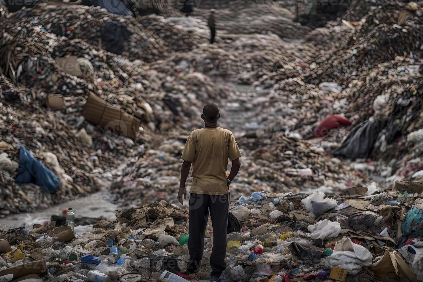 mam en pie en un enorme tugurio con un lote de el plastico residuos y varios usado basura. ambiental contaminación concepto. creado con generativo ai foto