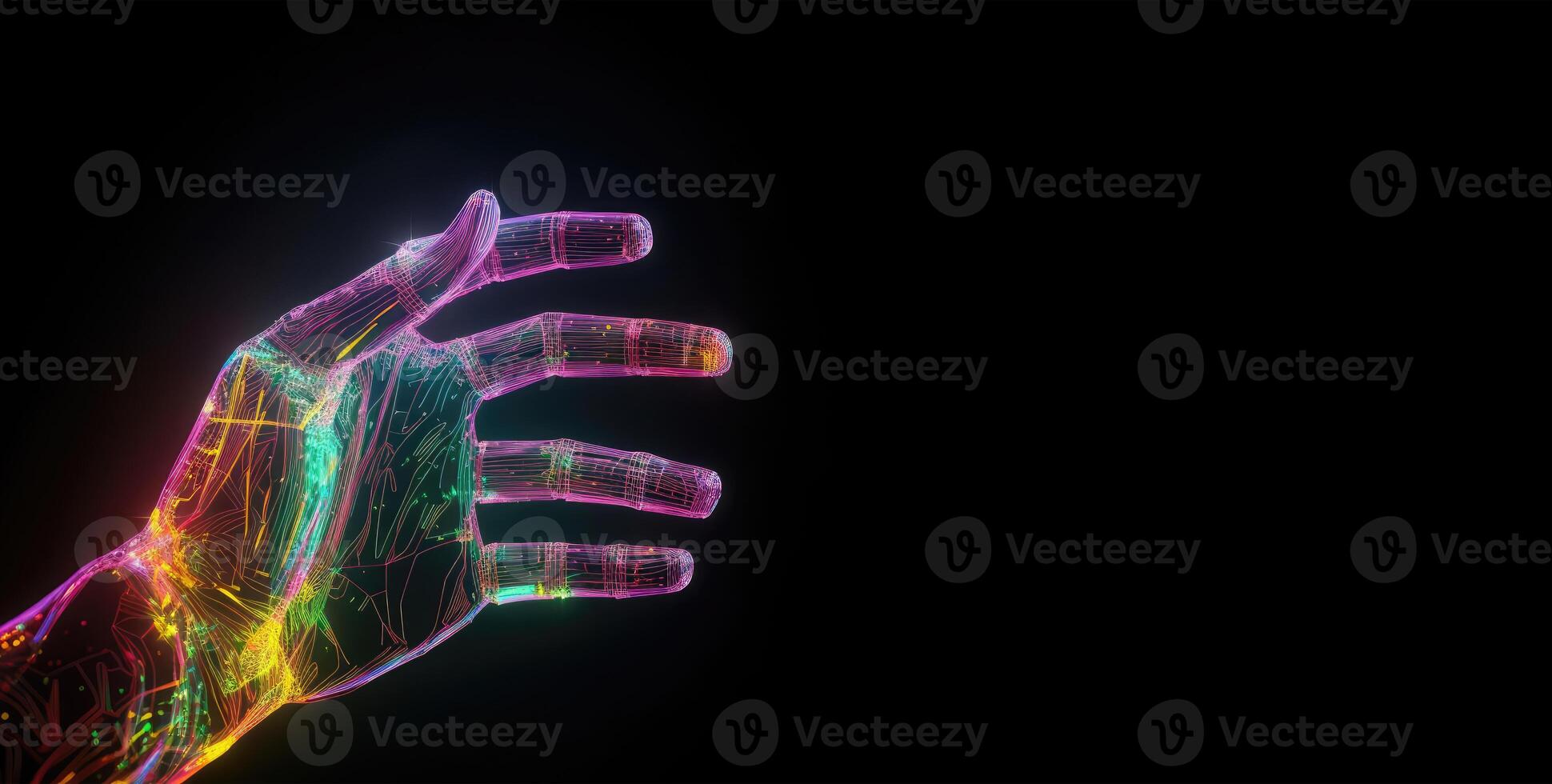 Artificial intelligence hand on dark background. Digital hologram. Futuristic concept. photo