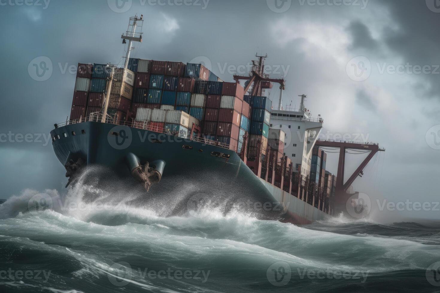 Wrecked cargo ship with conatiners in stormy sea with large waves. photo