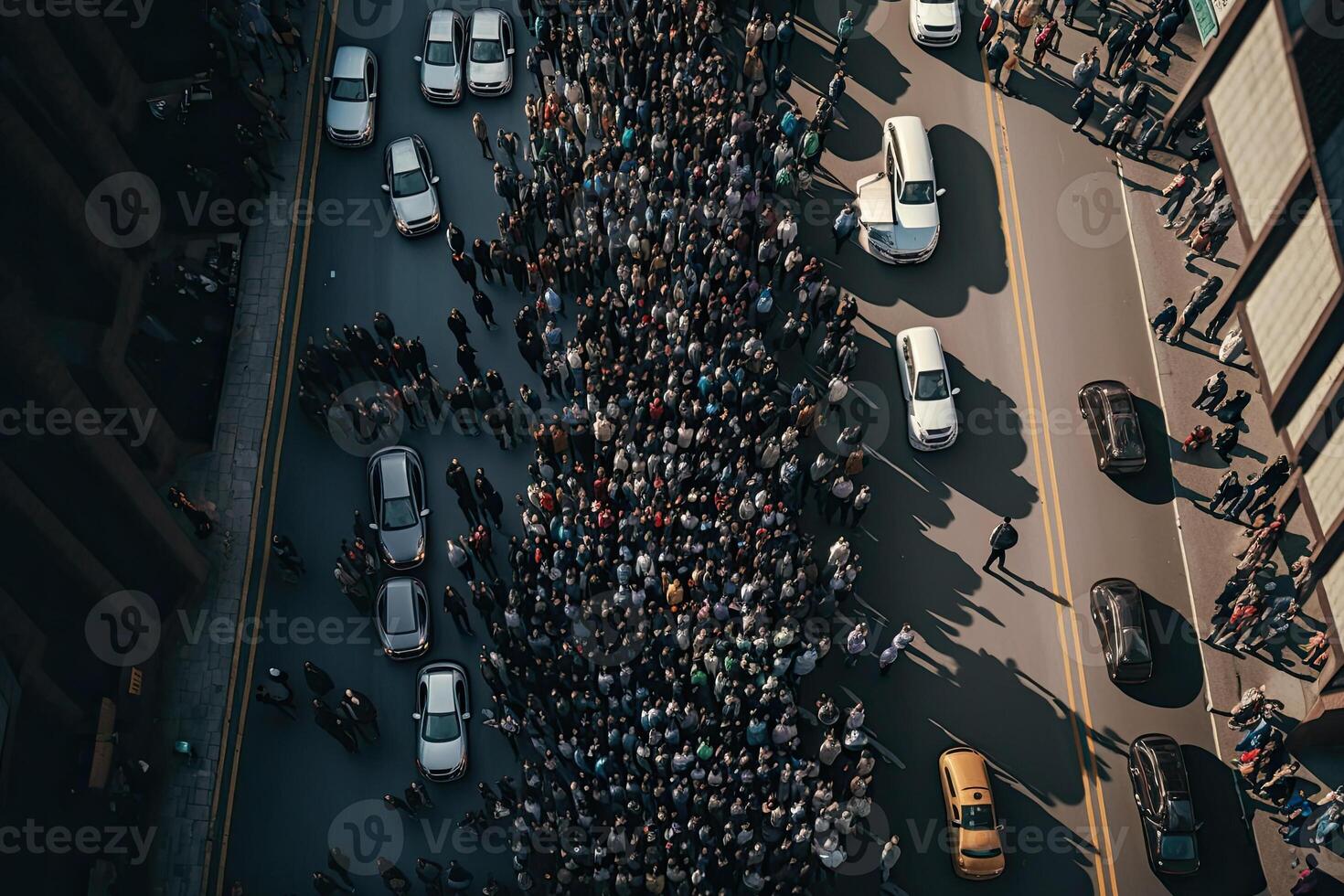 protestando personas de marcha a ciudad, aéreo vista. social problemas en sociedad, dificil para derechos. protesta activistas multitud con levantamiento puños y pancartas creado con generativo ai foto