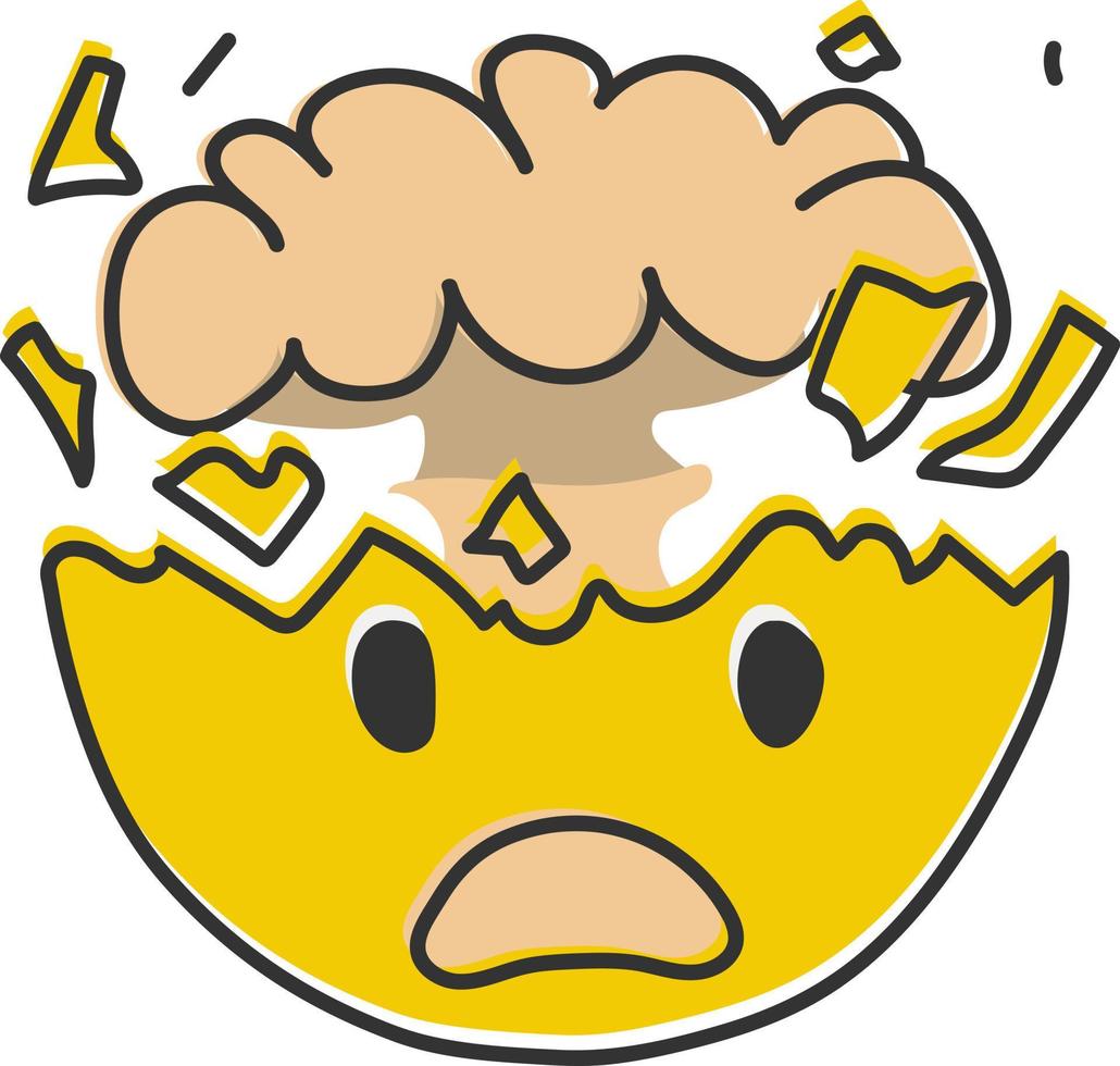 Mind blown emoji. Exploding head emoticon, shocked sad yellow face with brain explosion mushroom cloud. Hand drawn, flat style emoticon. vector