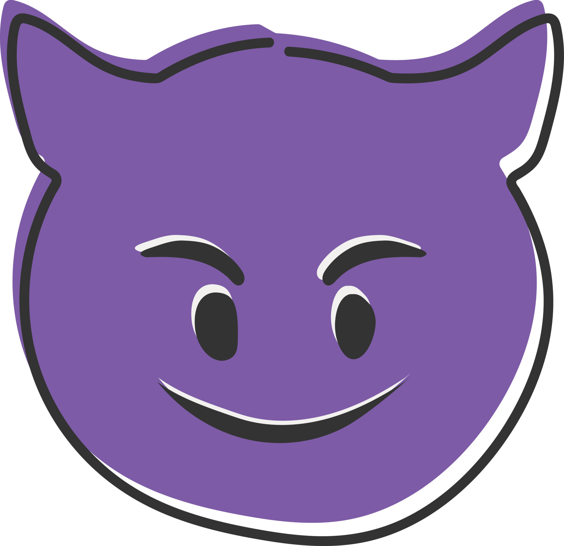 Evil devil emoji. Happy purple emoticon with devil horns. Hand drawn
