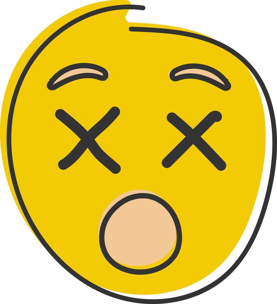 agotado emojis cansado emoticono, amarillo cara con en forma de x arrugado ojos. mano dibujado, plano estilo emoticono vector