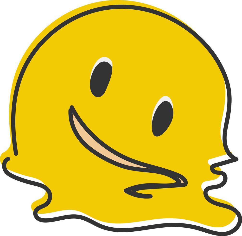 Melting emoji. Melted yellow face with exhausted smile, overheated smiling emoticon melting into a puddle. Hand drawn, flat style emoticon. vector