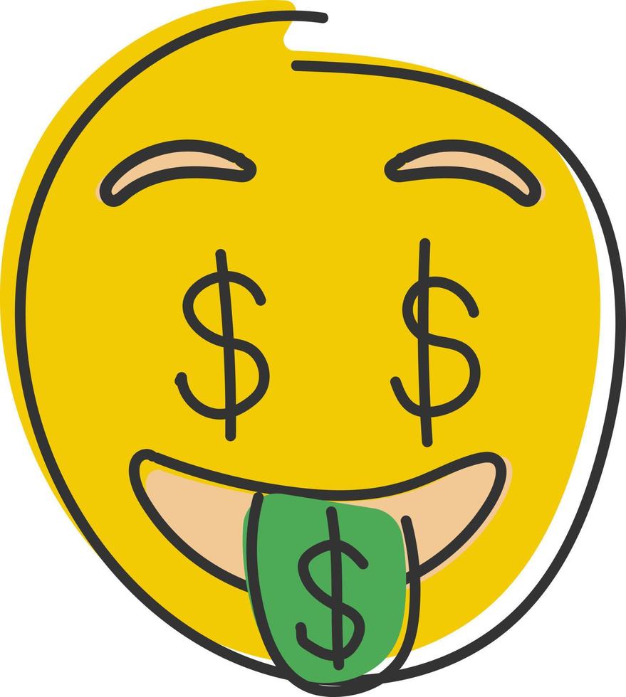 Dollar eyes emoji. Money face emoticon with green tongue. Hand drawn, flat style emoticon. vector