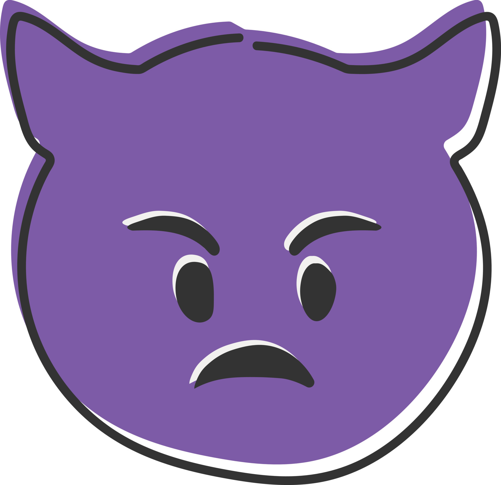 Evil devil emoji. Happy purple emoticon with devil horns. Hand drawn