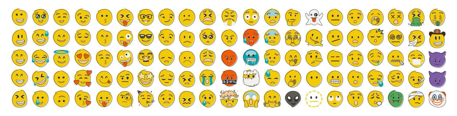 Hand drawn yellow emoji in flat shape style. Funny emoticons faces with facial expressions. Big set. vector