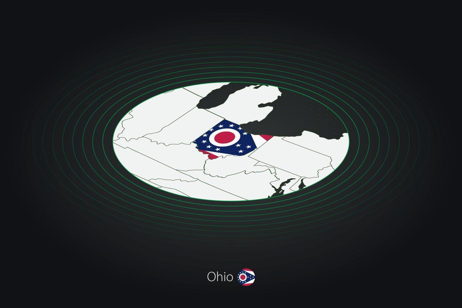 Ohio map in dark color, oval map with neighboring US states. vector