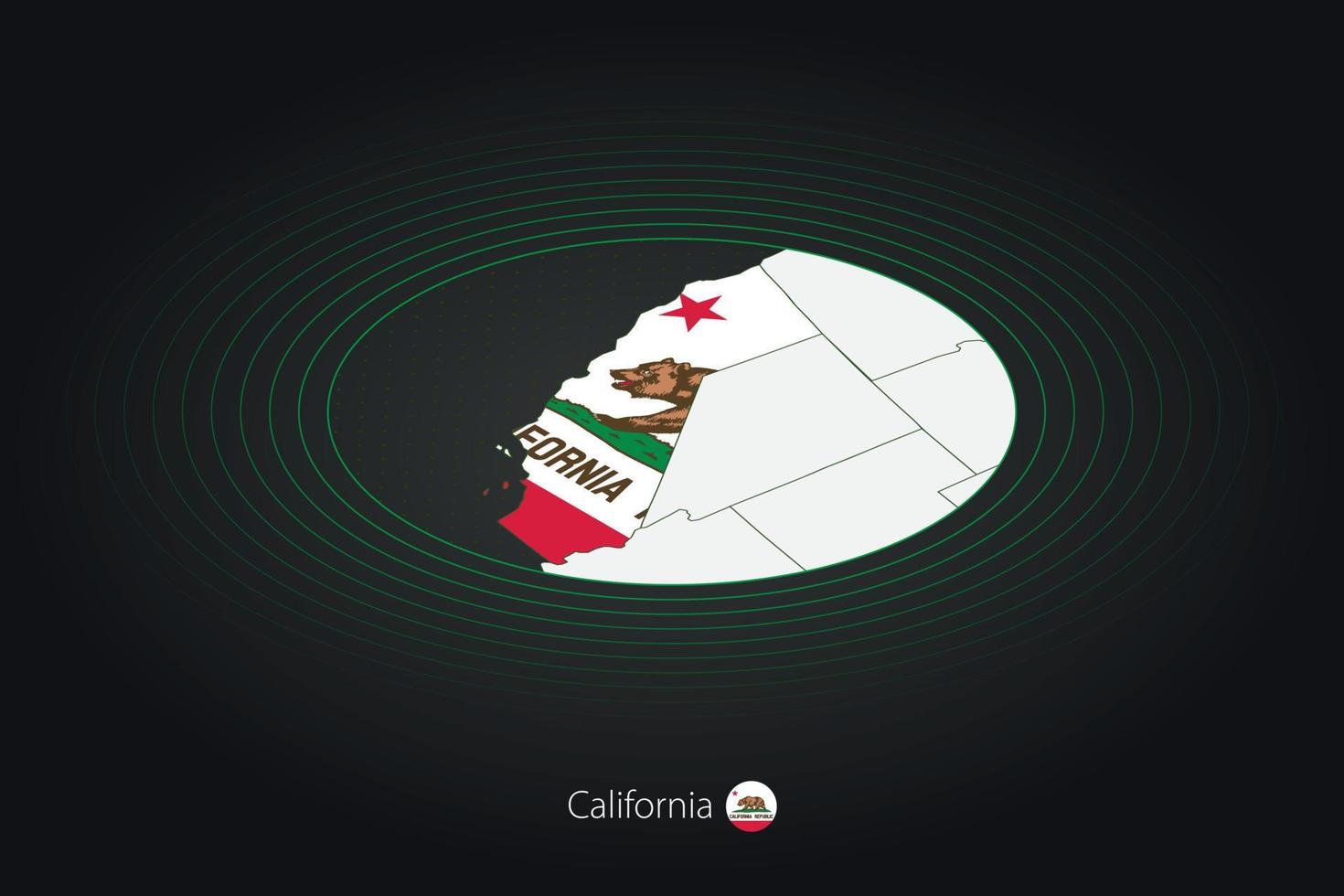 California map in dark color, oval map with neighboring US states. vector