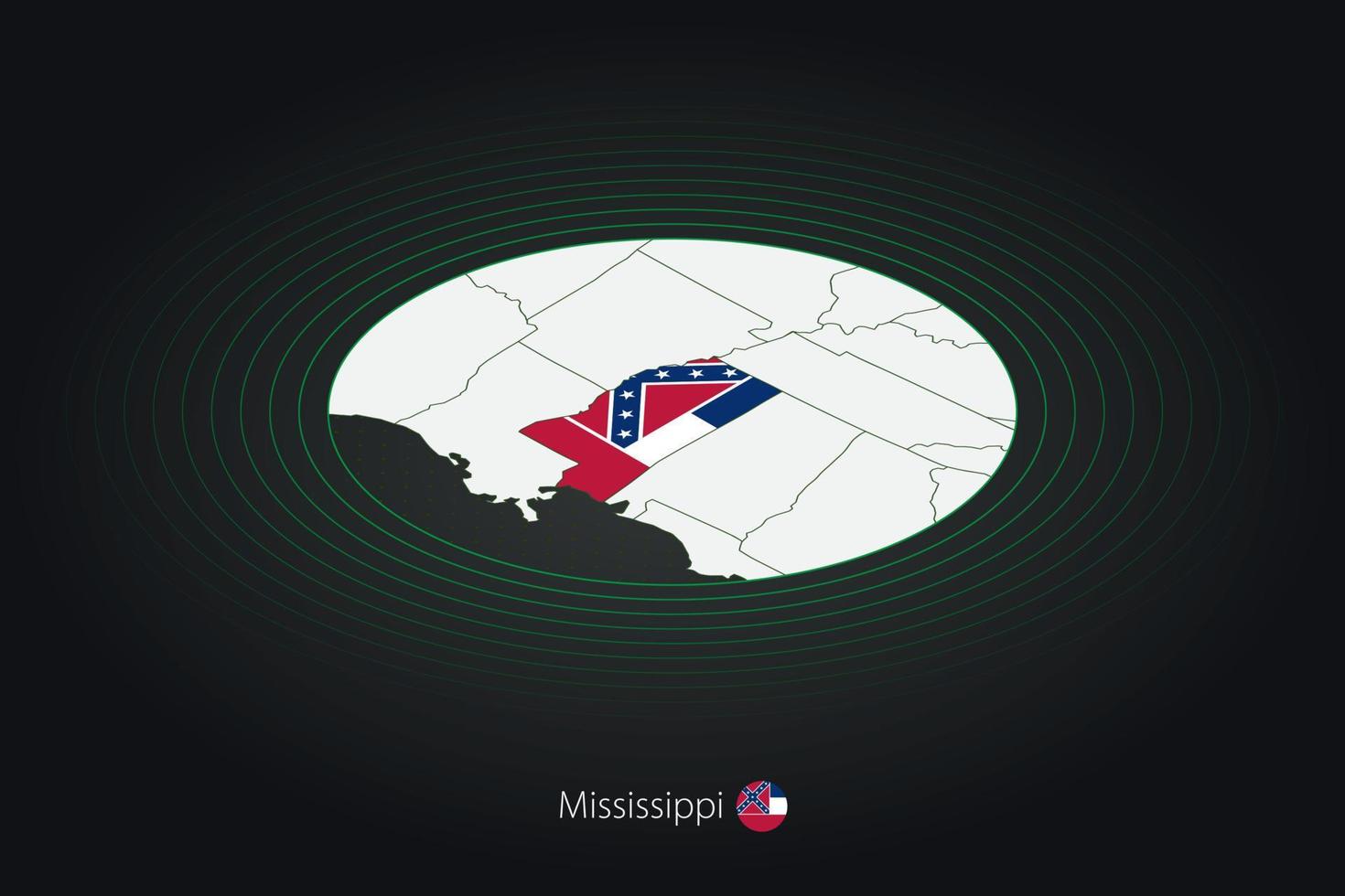 Misisipí mapa en oscuro color, oval mapa con vecino nosotros estados vector