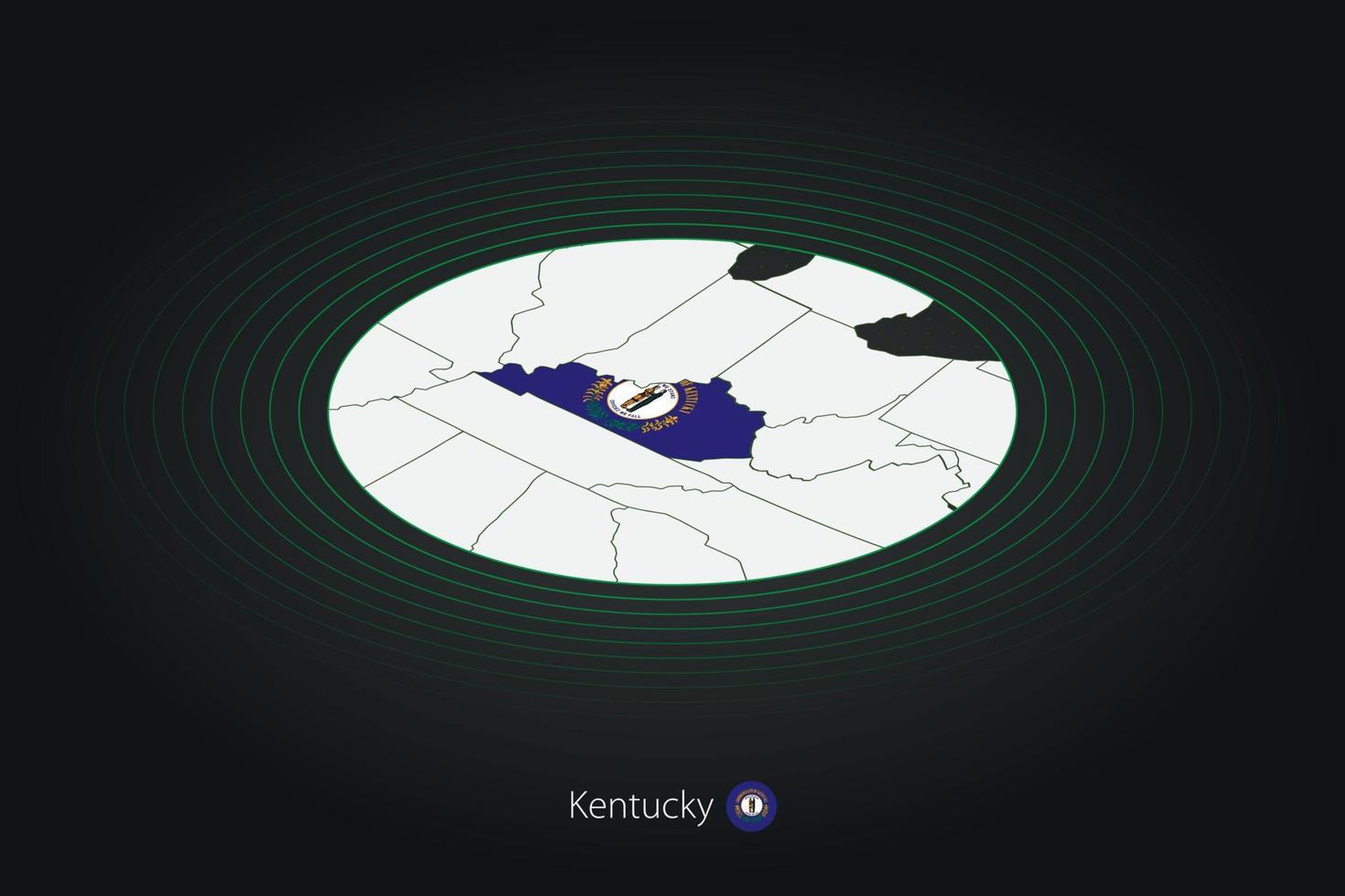 Kentucky map in dark color, oval map with neighboring US states. vector