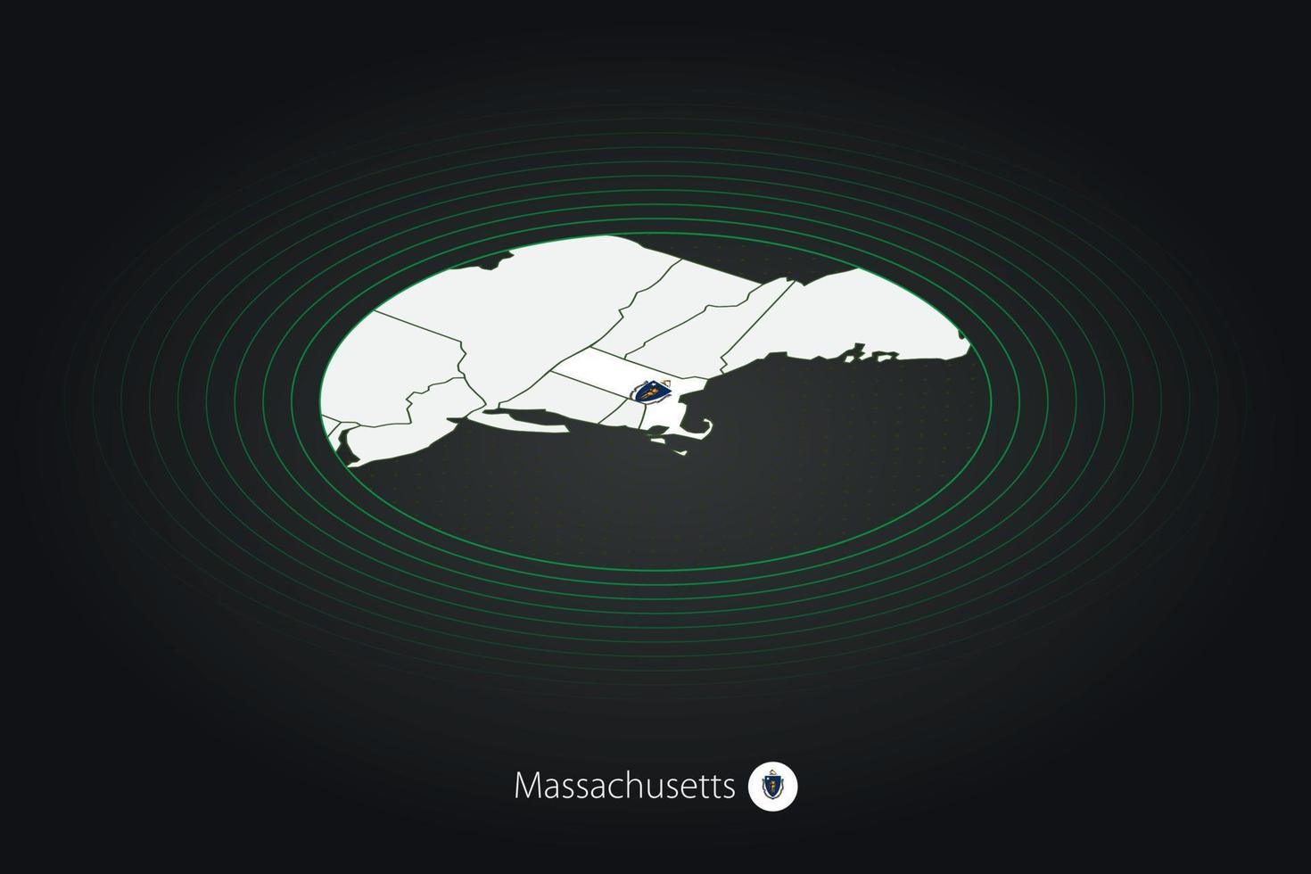 Massachusetts map in dark color, oval map with neighboring US states. vector