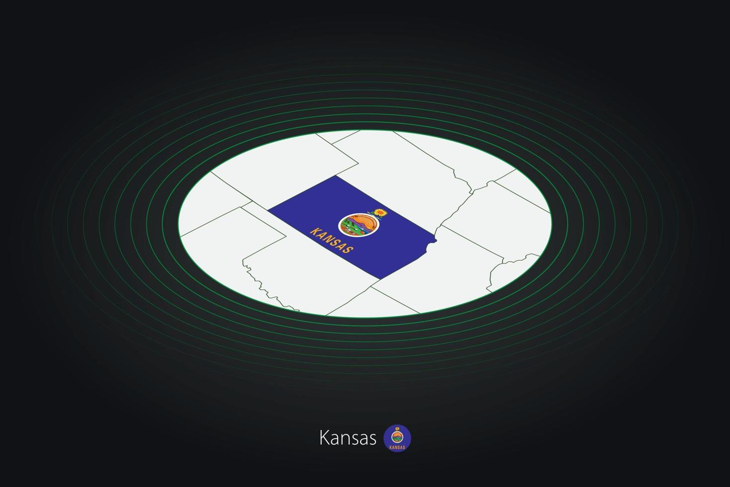 Kansas mapa en oscuro color, oval mapa con vecino nosotros estados vector