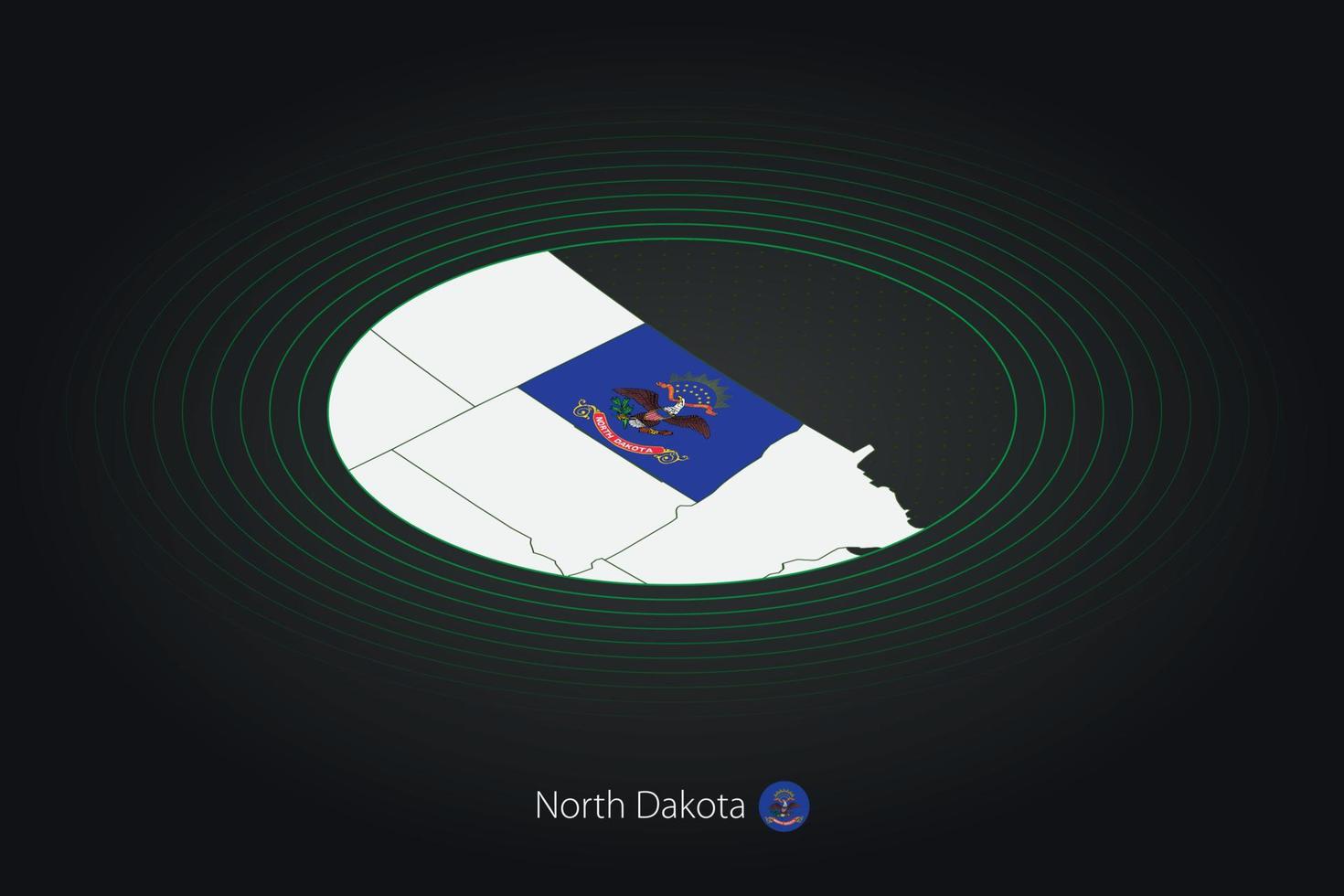 North Dakota map in dark color, oval map with neighboring US states. vector