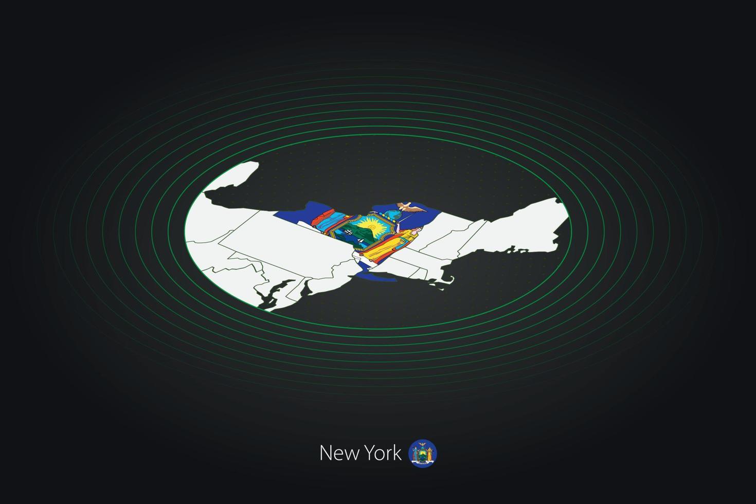 New York state map in dark color, oval map with neighboring US states. vector