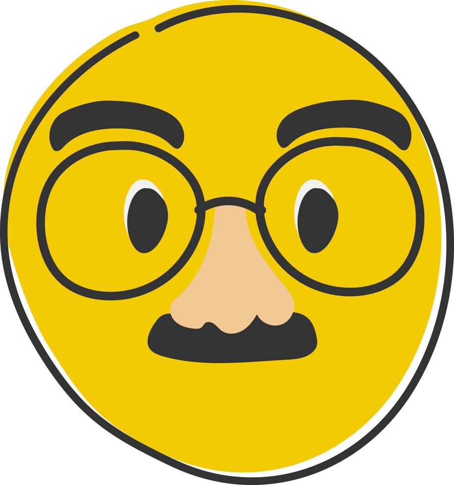 Face with glasses and mustache, yellow emoji smile. Hand drawn, flat style emoticon. vector