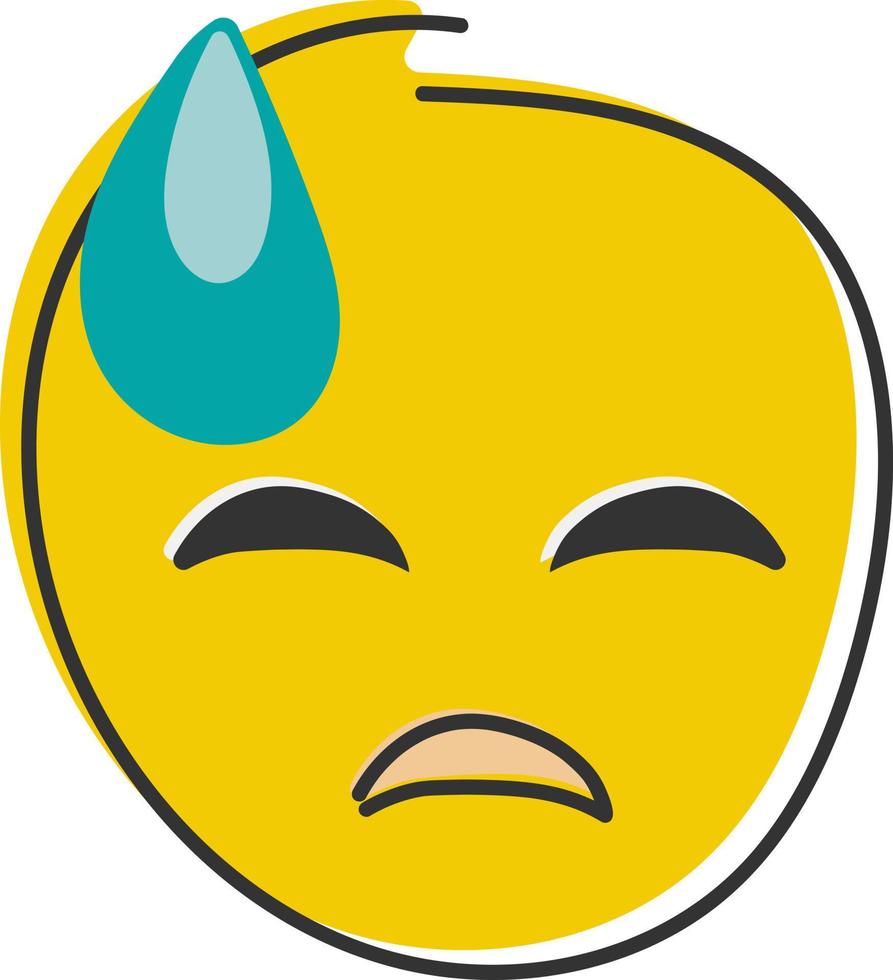 Downcast emoji with cold sweat. Sad yellow face, emoticon with closed eyes. Hand drawn, flat style emoticon. vector