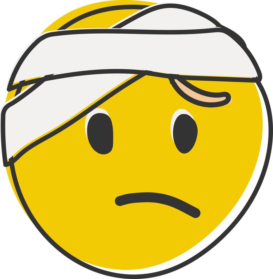 Emoji with bandage. yellow face with a half frown and white bandage wrapped around its head. Hand drawn, flat style emoticon. vector