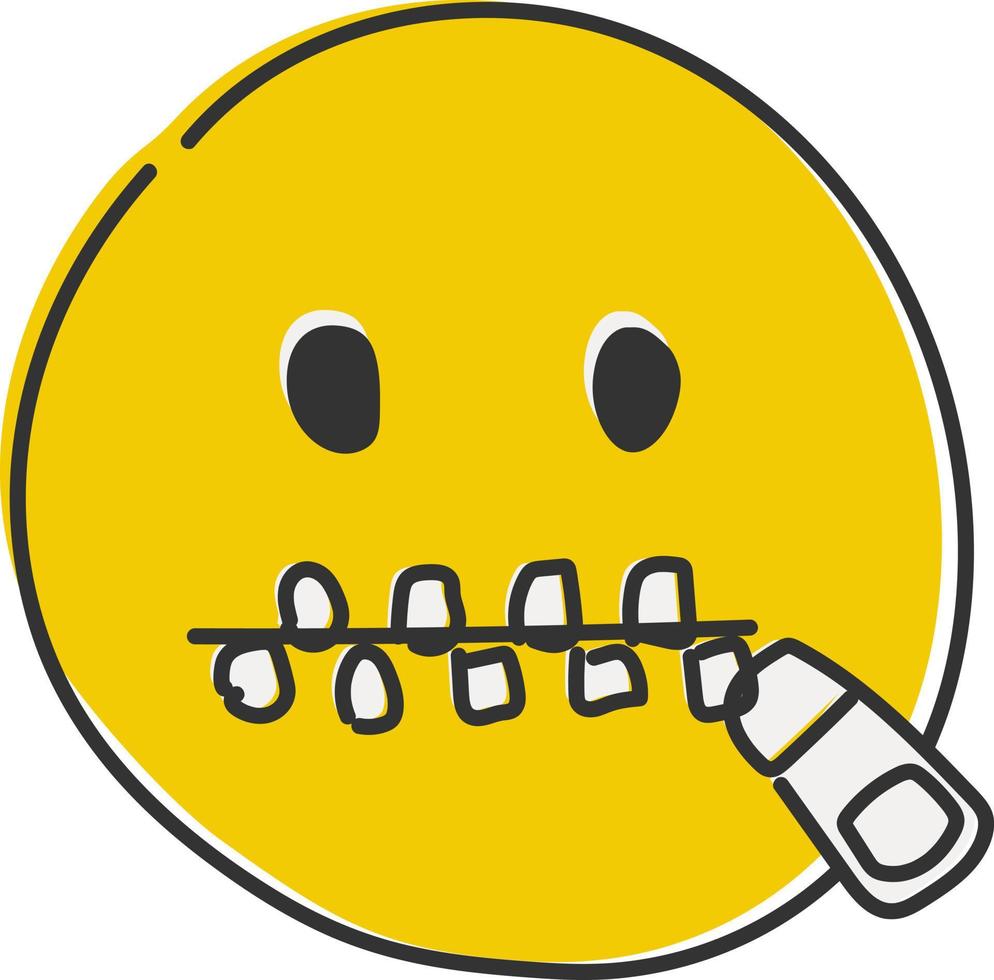Zip mouth emoji. Silent emoticon with closed metal zipper for mouth. Hand drawn, flat style emoticon. vector