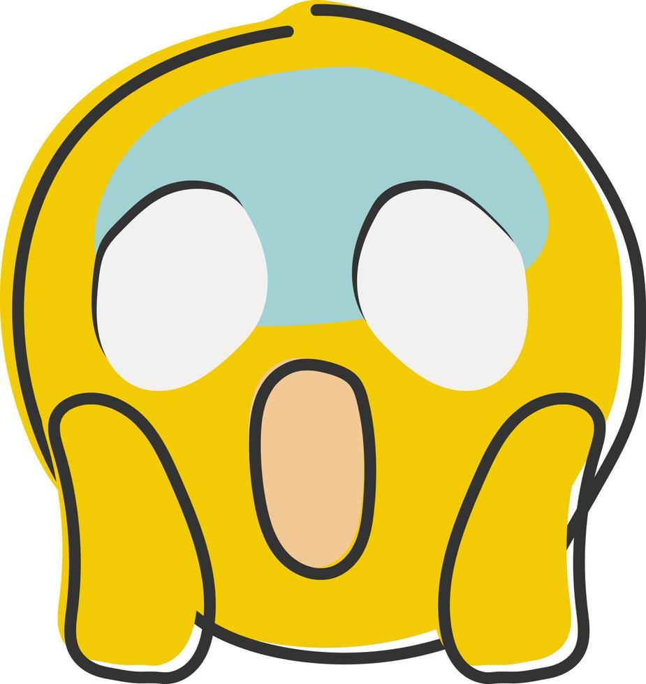 Screaming in fear emoji. Horror and fright emoticon. Yellow face with blue forehead, big scared eyes and long, open mouth. Hand drawn, flat style emoticon. vector